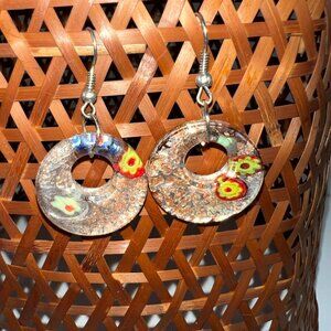 Handmade Millefiori Resin Circle Drop Earrings With Vibrant Floral Accents & Sil